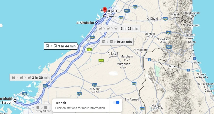 Abu Dhabi to Sharjah Bus route map