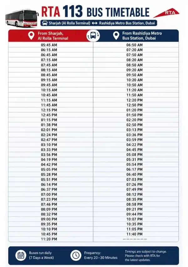 113 Bus Timetable