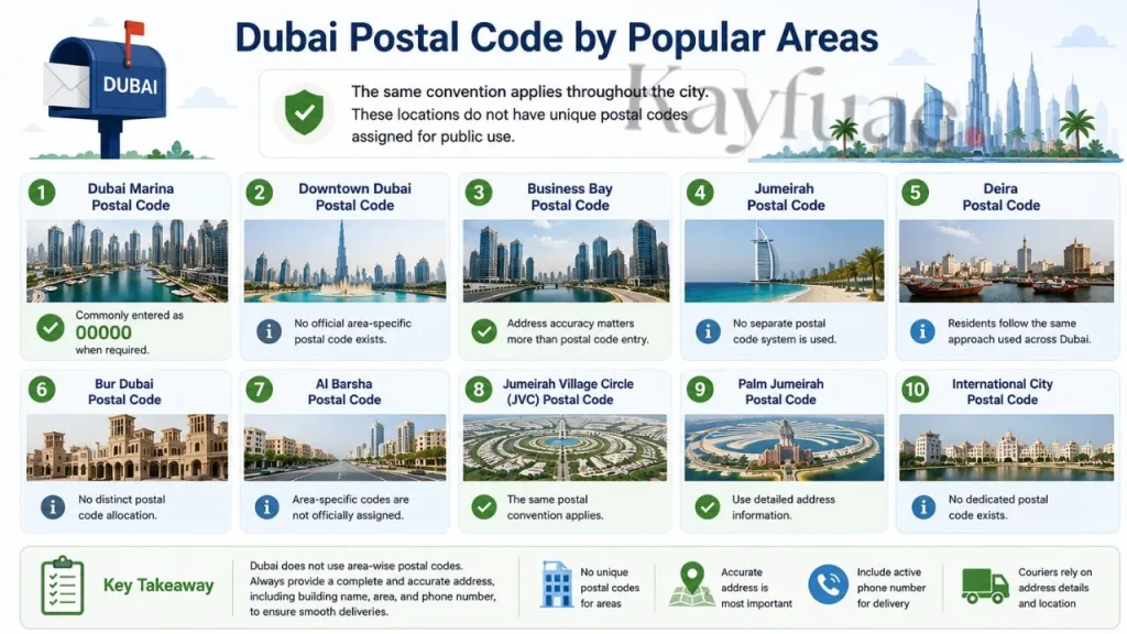 Dubai postal code infographic showing that areas such as Dubai Marina, Downtown Dubai, Business Bay, Jumeirah, Deira, JVC, and Palm Jumeirah do not have unique postal codes, with 00000 commonly used when required and accurate address details being most important.
