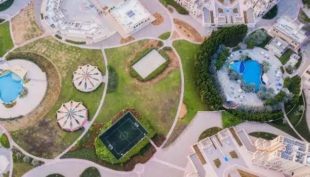 The aerial view of a big park in Dubai