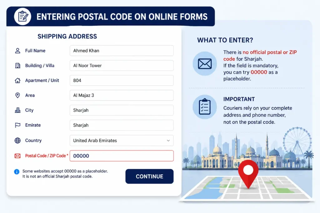 Sharjah postal code on online forms
