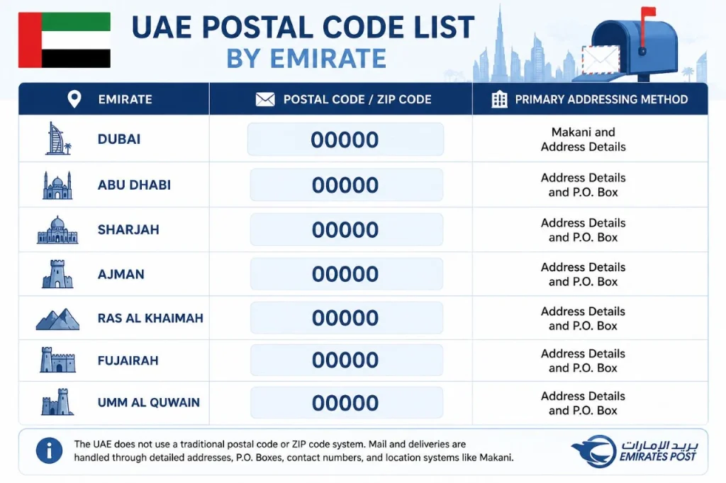 UAE postal code list by emirate