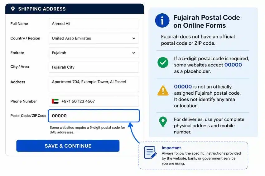 Fujairah postal code field showing 00000 as a placeholder