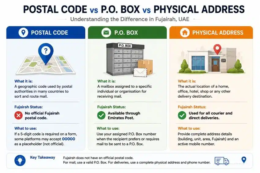 Difference between Fujairah postal code, PO Box and physical address